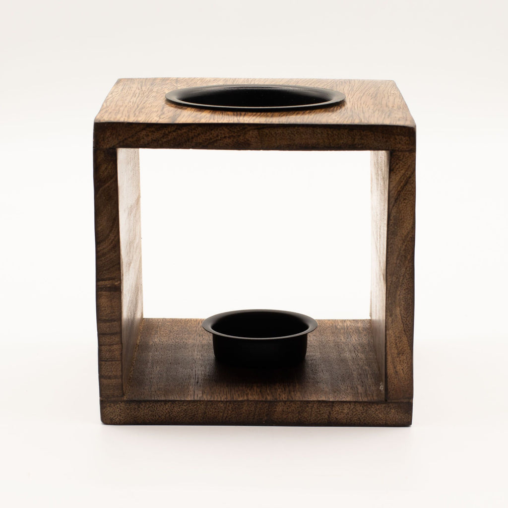 Large Square Mango Wood Oil Burner with Pentagon Design