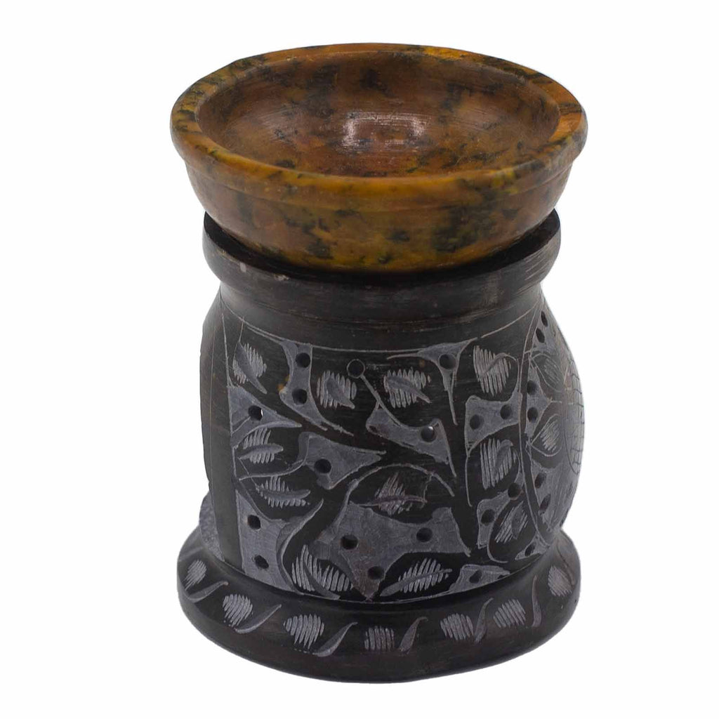 Soapstone Oil Burner 10cm with Mandala Flower Design in Black Yellow