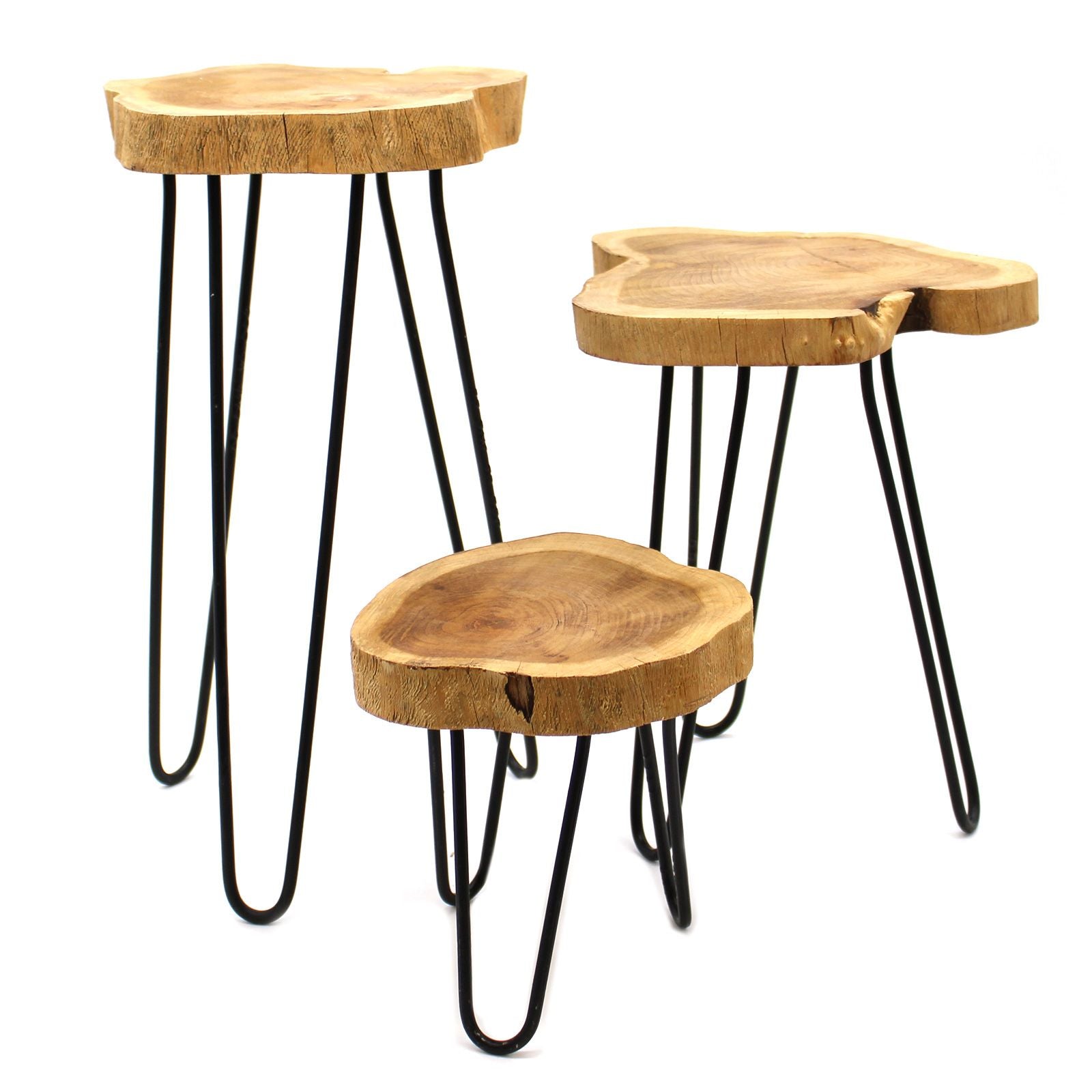 Set of 3 Natural Gamal Wood Plant Stands with Hairpin Legs