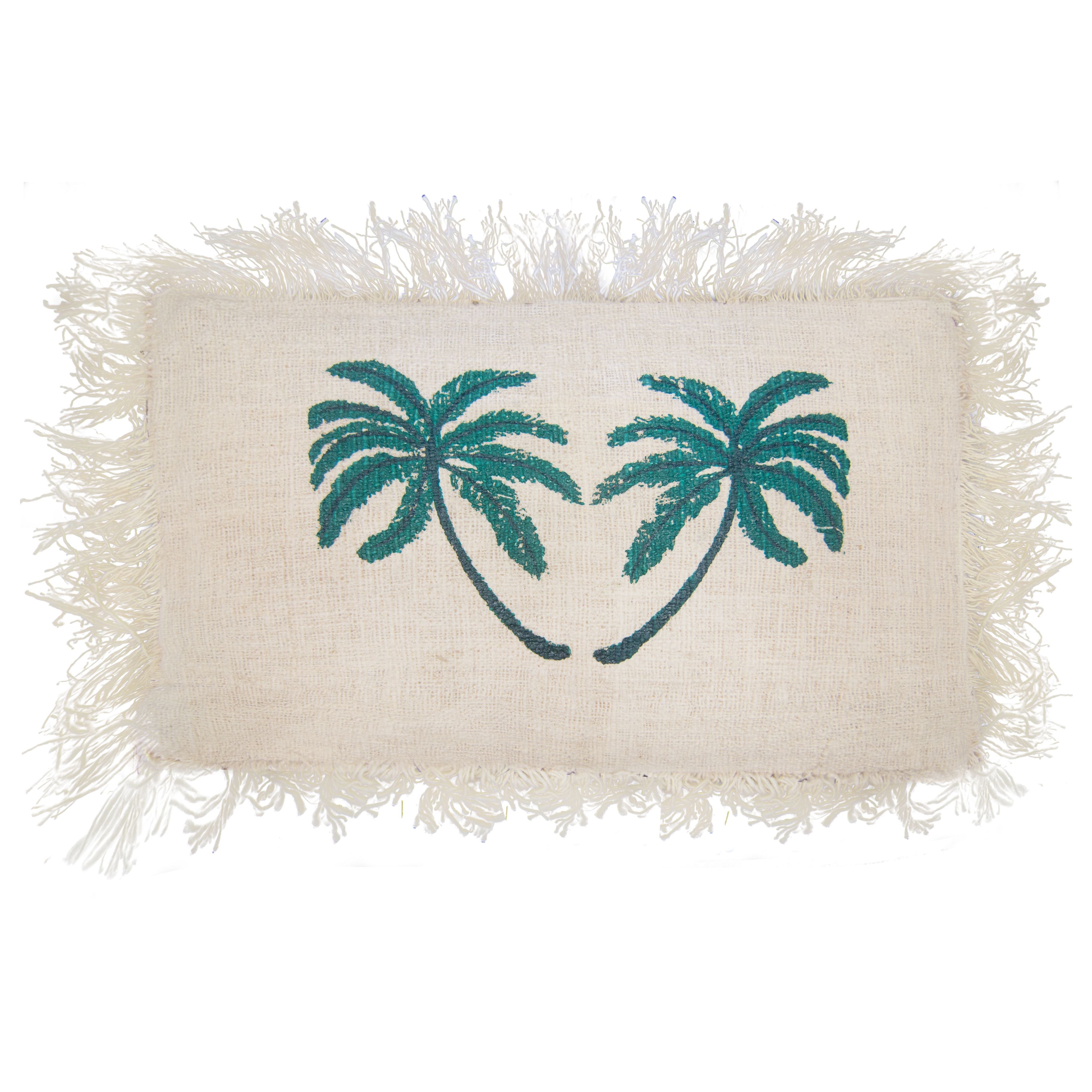 Linen Cushion Cover 30x50cm with Palm Tree and Fringe Detail