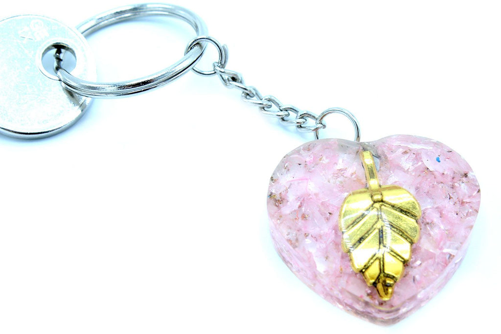 Orgonite Power Keyring with Rose Quartz Hearts and Golden Leaf