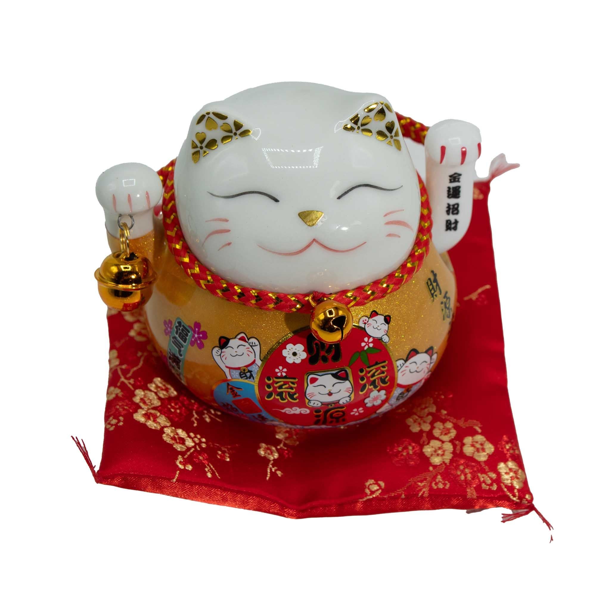 Ceramic Money Cat with Moving Hand in Gold on Red Cushion