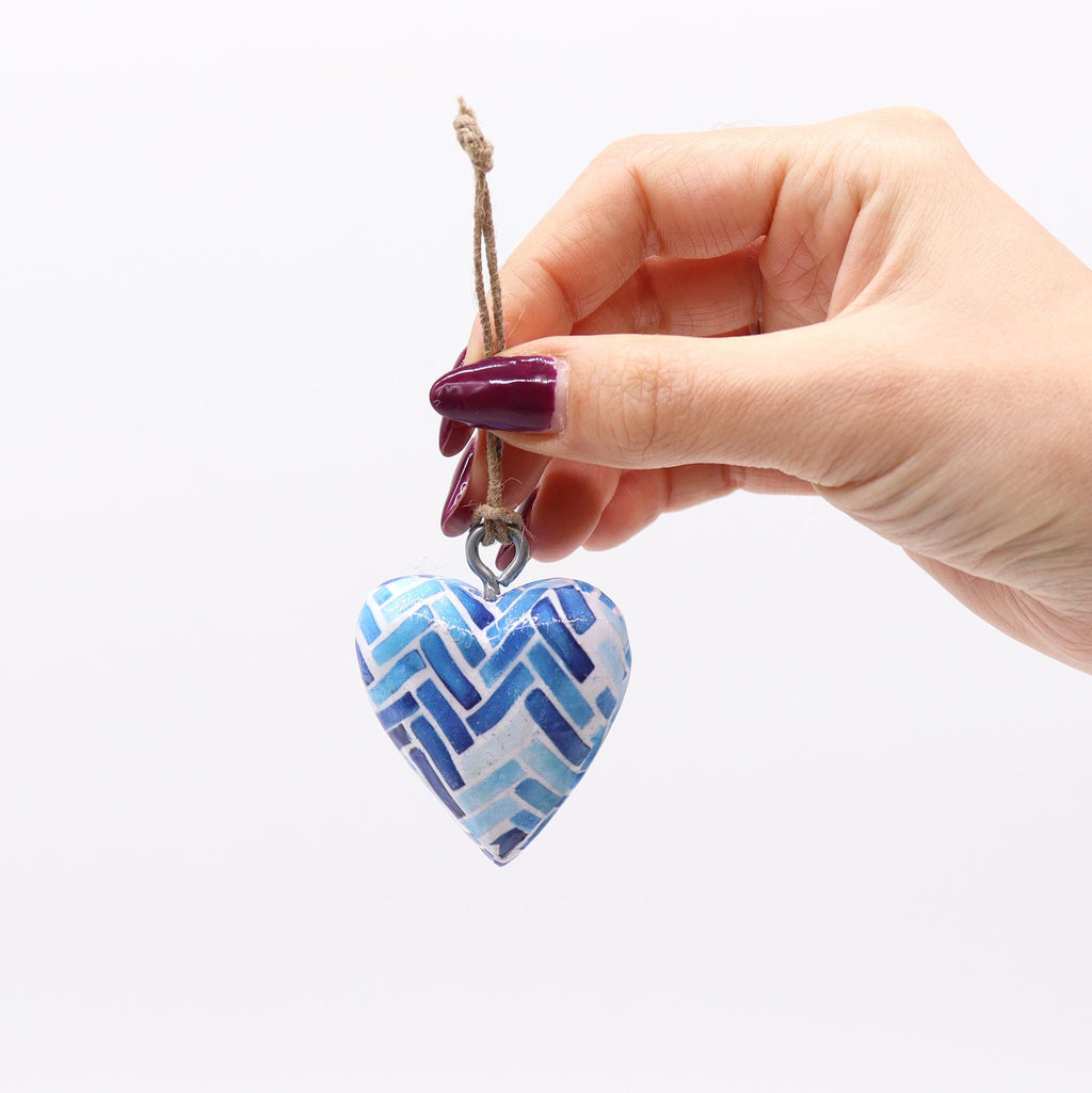 Small Decor Wood Heart with Blue Stripes for Stylish Displays
