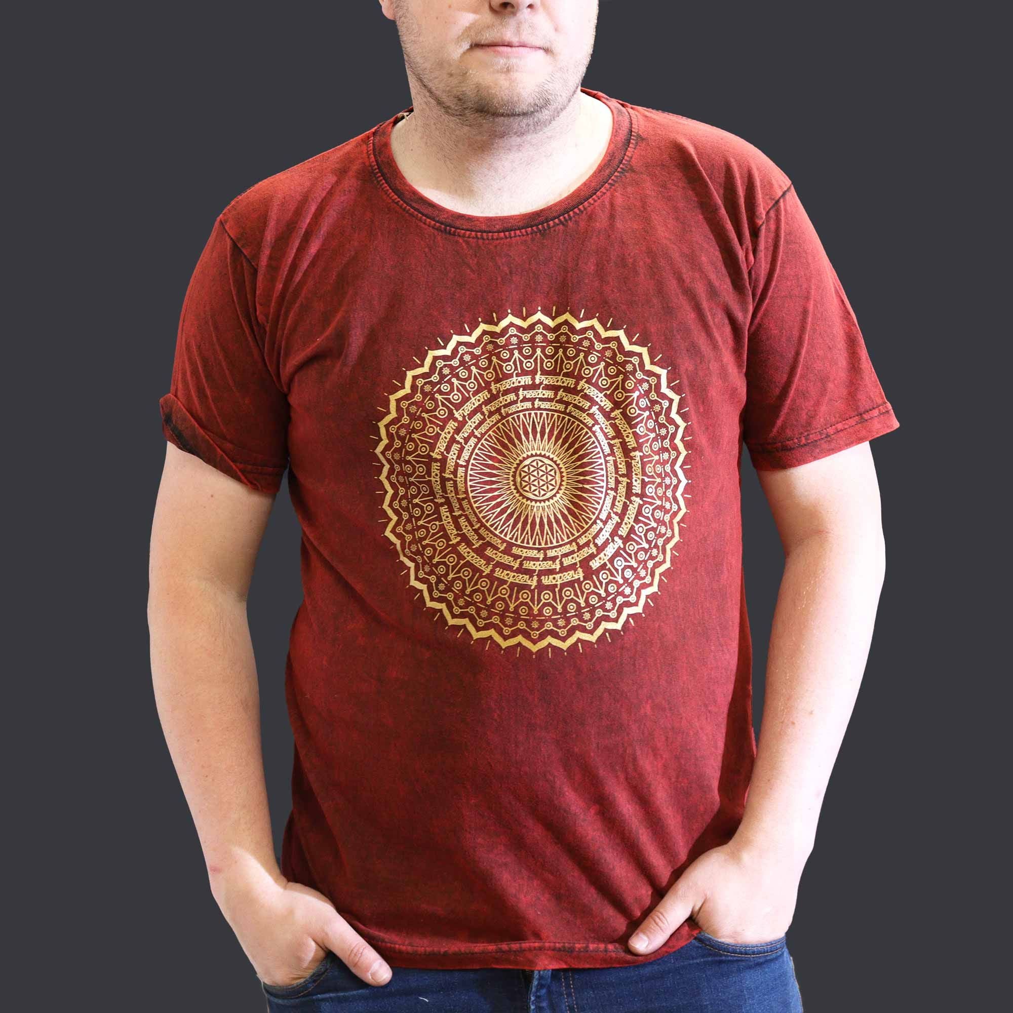 Nomad Sari Stonewashed Cotton T Shirt with Mandala Design Maroon