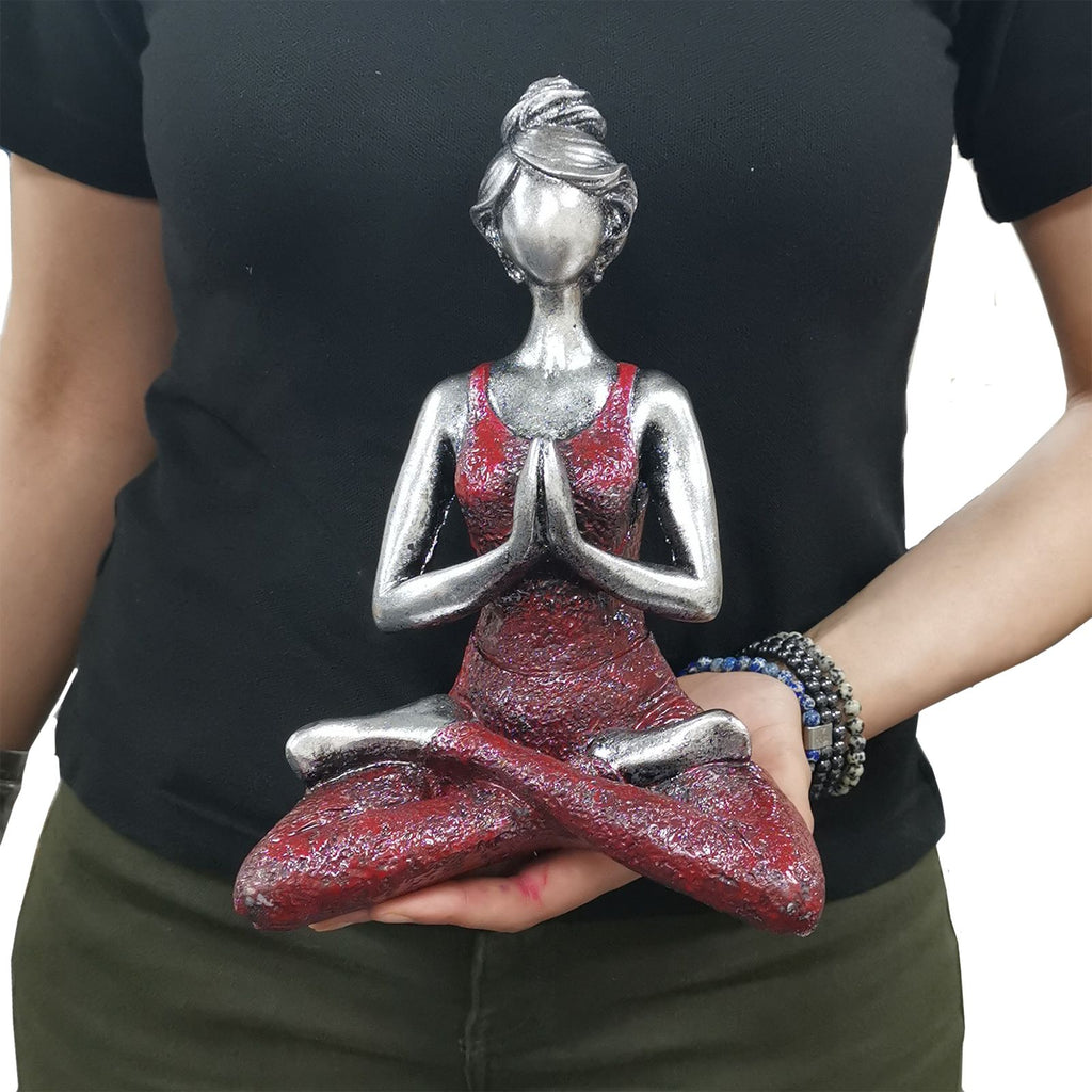 Yoga Lady Figure in Silver and Bordeaux 24cm Decorative Accent