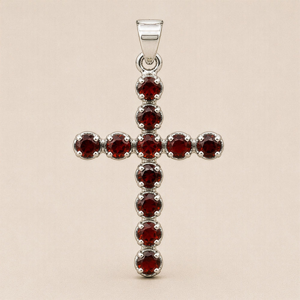 Indian Devotional Pendant with Silver Plated Chain and Garnet Crucifix
