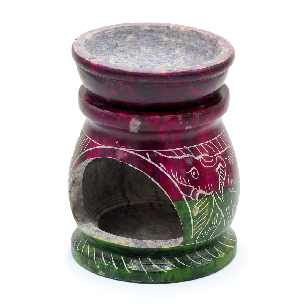 Small Coloured Soapstone Oil Burner 8cm with Om & Elephant Design