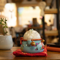 Japanese Lucky Cat Ceramic Waving Ornament on Cushion – Blue