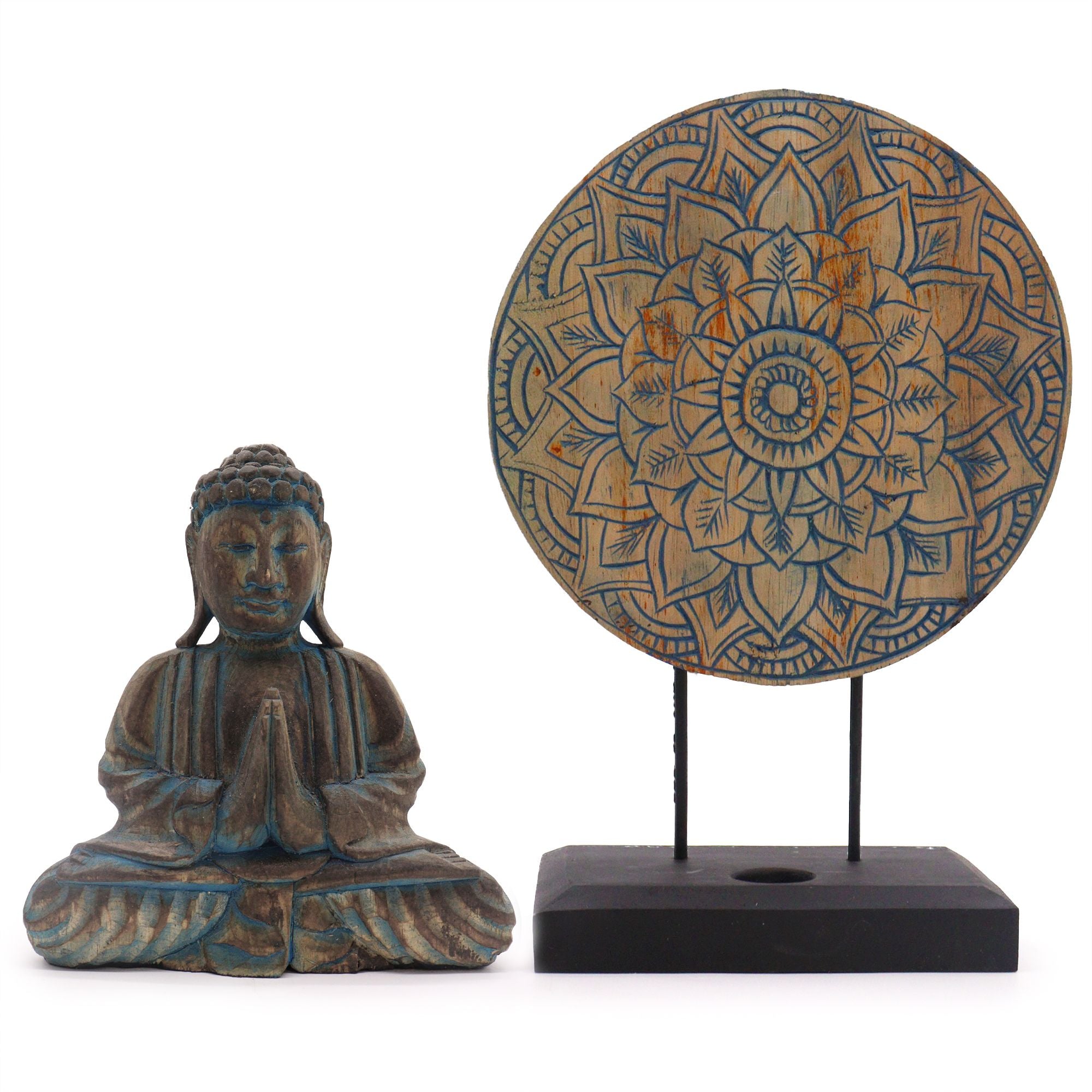 Buddha Feng Shui Set with Flower Mandala Design in Soothing Blue
