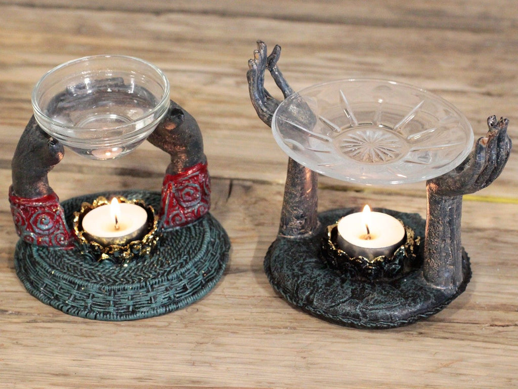 Antique Buddha Om Hands Oil Burner for Calm Home Decor and Relaxation