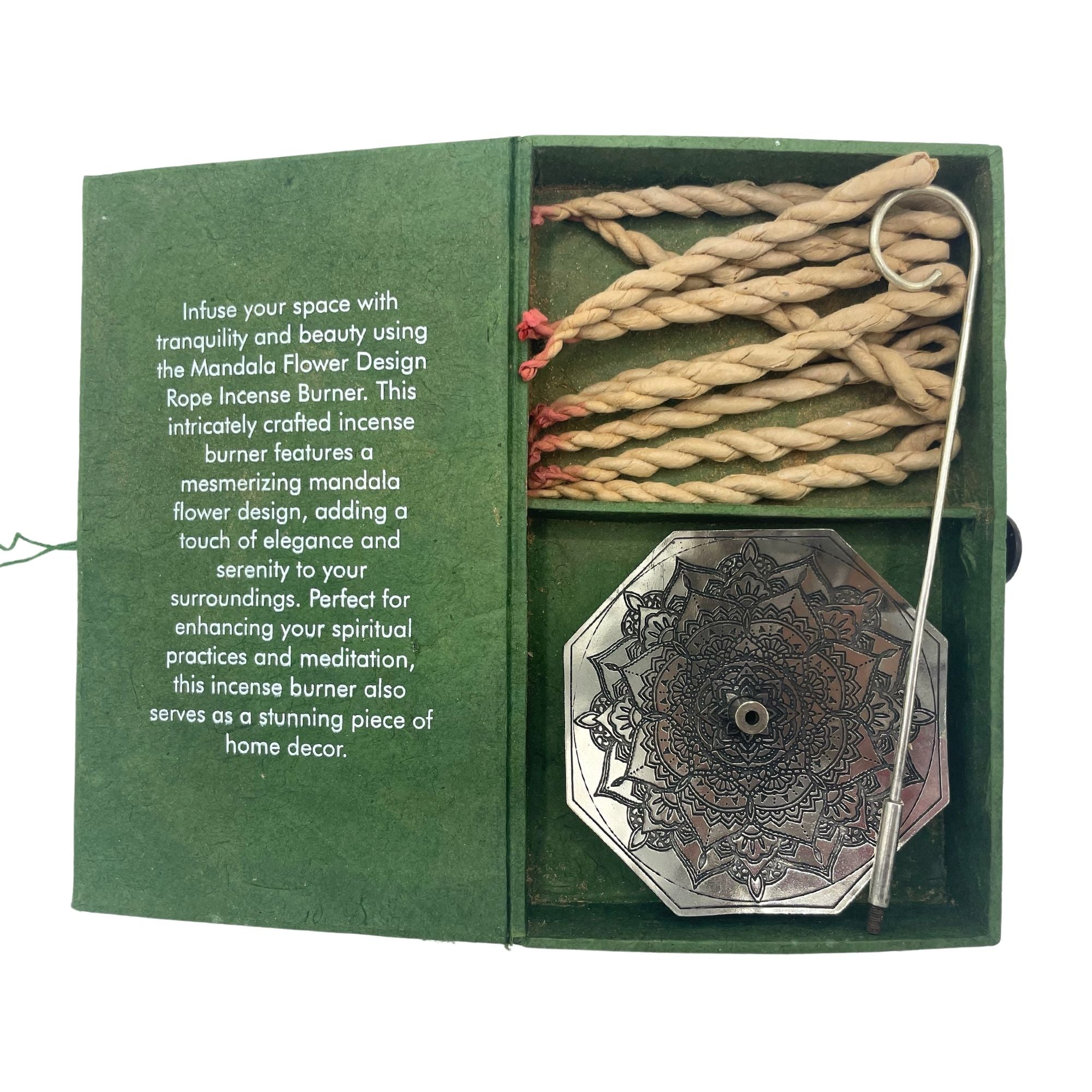 Rope Incense and Silver Plated Holder Set with Mandala Flower Design