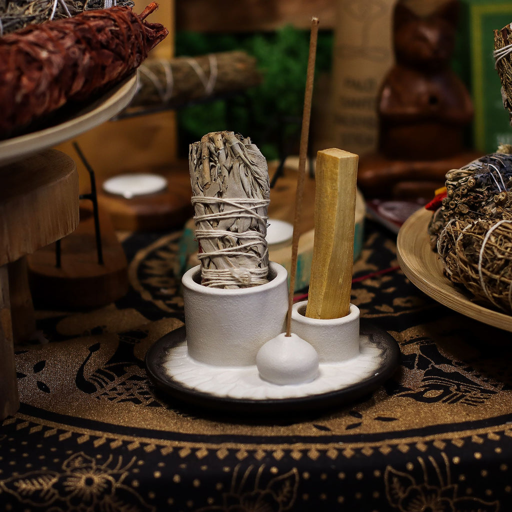 Palo Santo Stick & Smudge Holder with Mandala White Grey Design