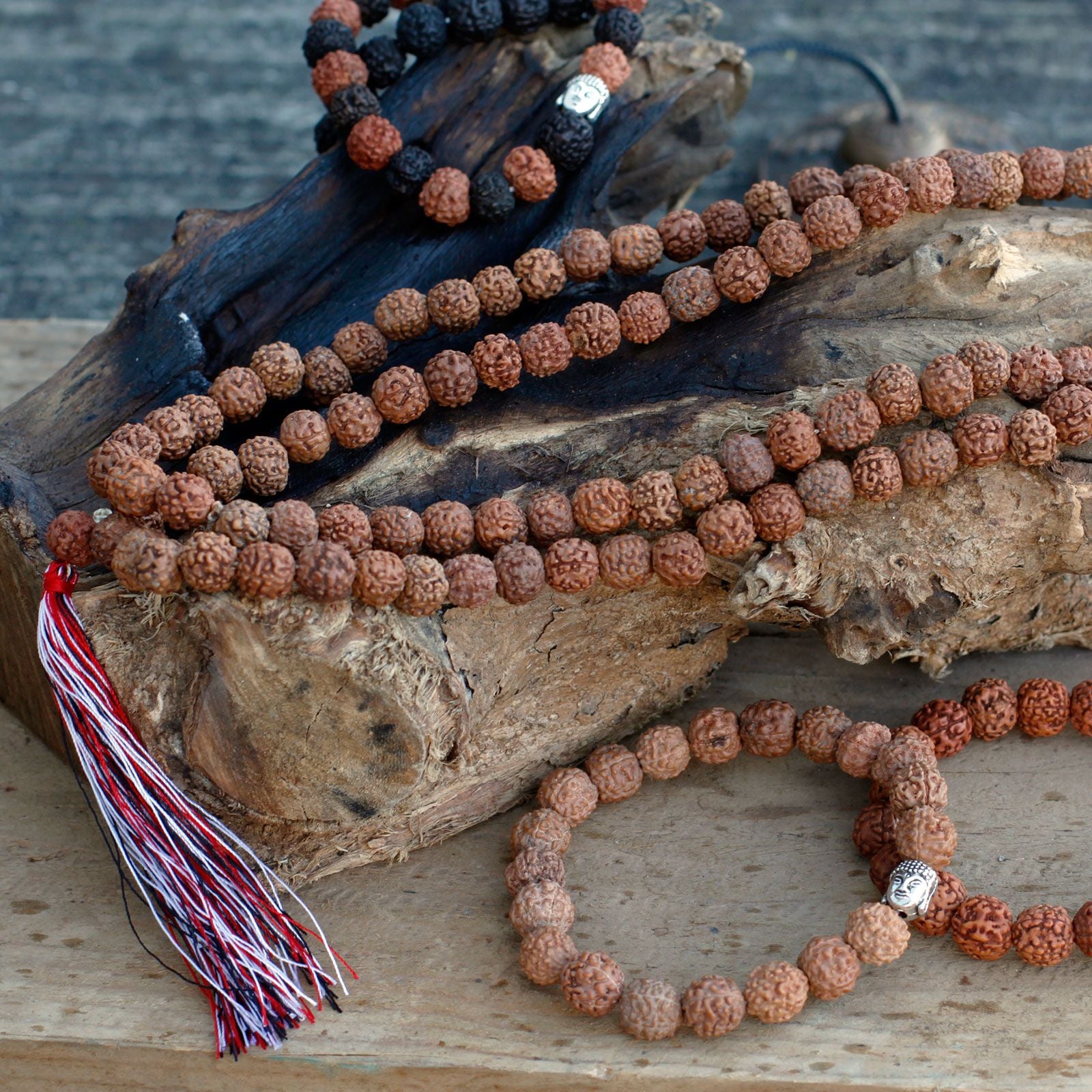 108 Rudraksha Mala Natural Beads with Chunky Tassel Design