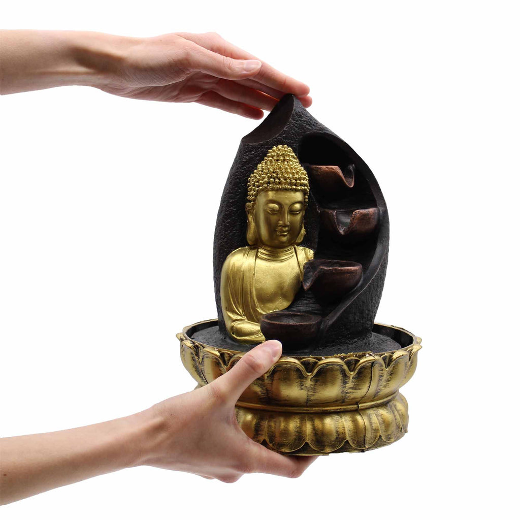 30cm Golden Buddha Tabletop Water Feature with Pouring Pots Design