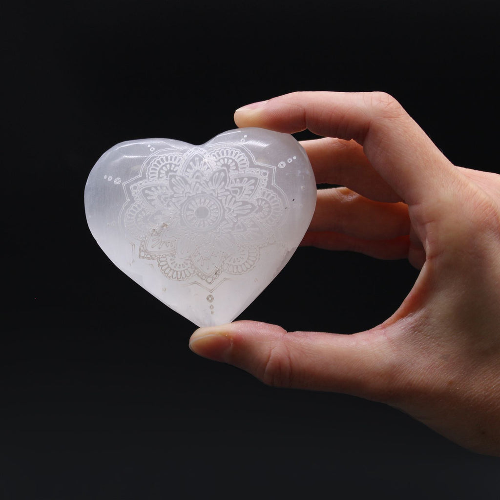 Selenite Heart Decorative Piece with Mandala Engraving 7 to 8cm