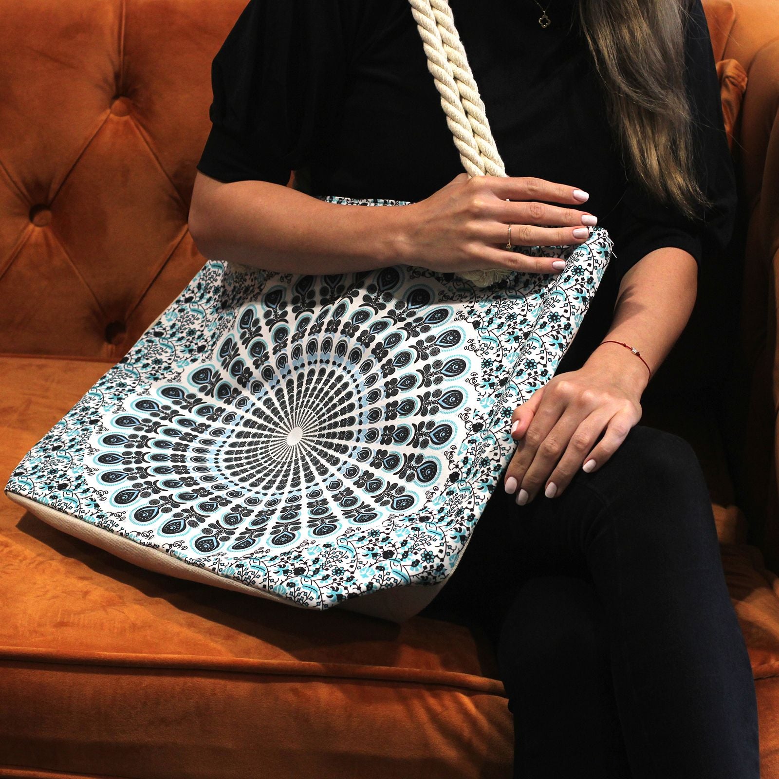 Rope Handle Mandala Bag in Purple Blue for Everyday Storage