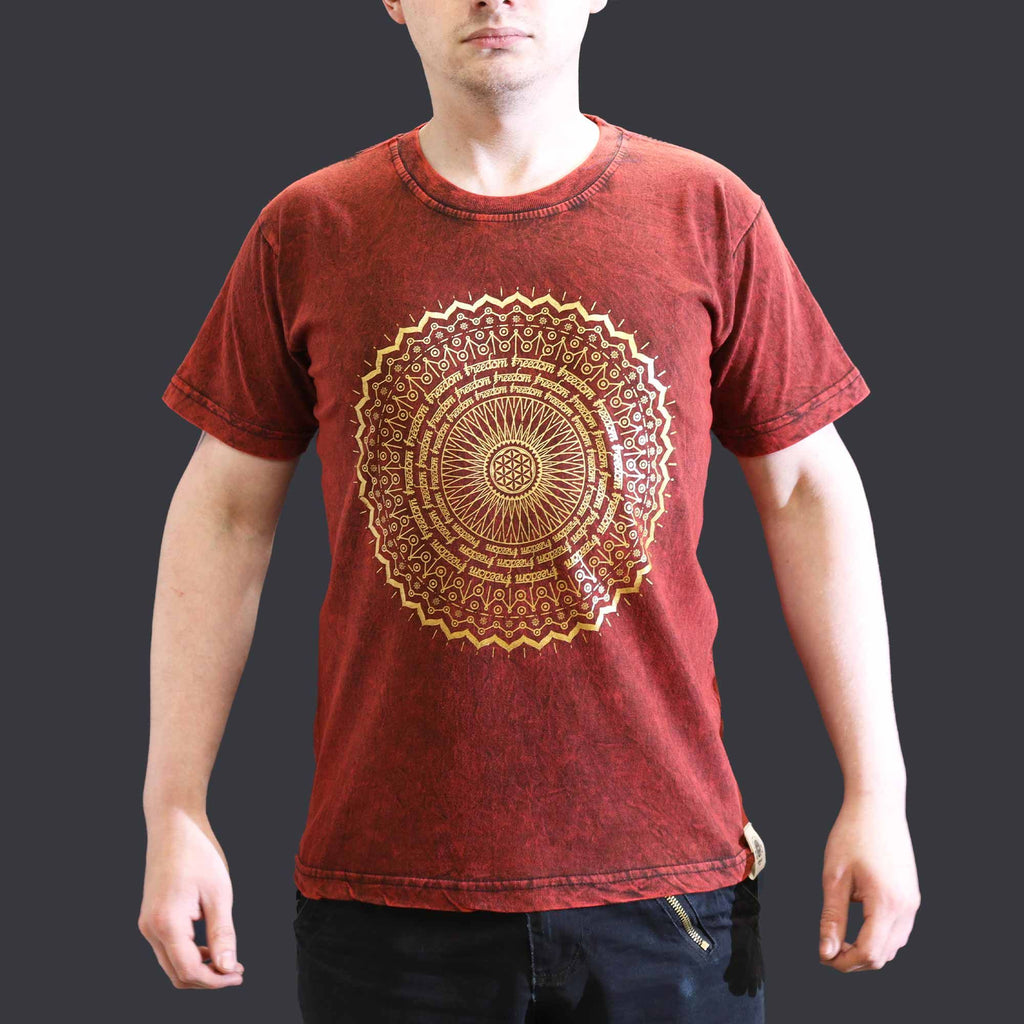 Nomad Sari Stonewashed Cotton T Shirt with Mandala Design in Maroon