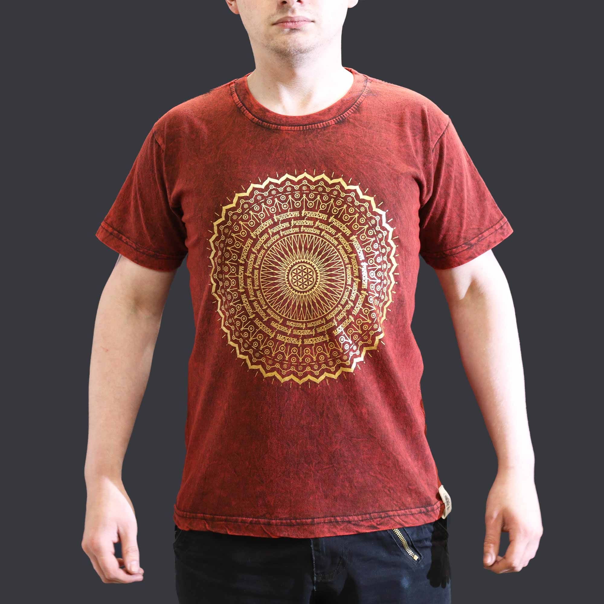 Nomad Sari Stonewashed Cotton T Shirt with Mandala Design in Maroon