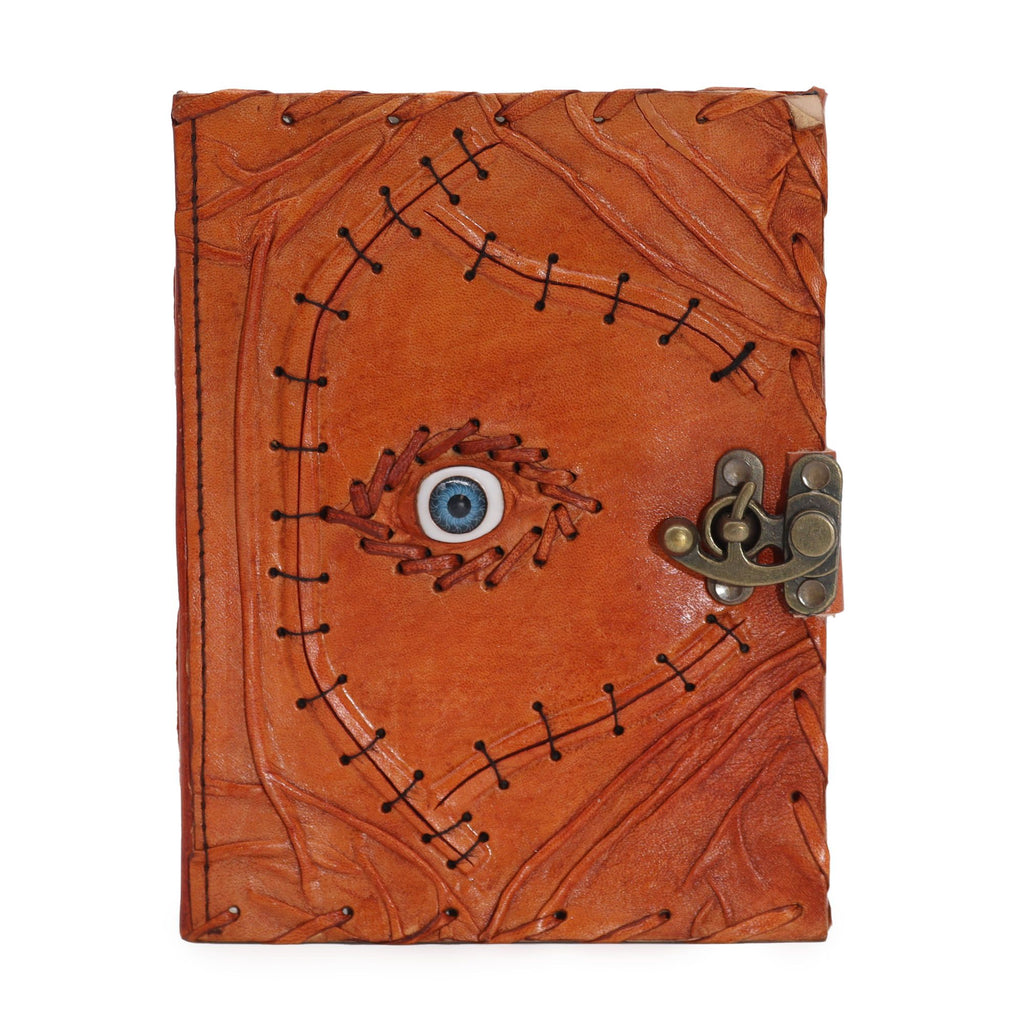 Light Brown Tan Leather Notebook with Evil Eye Decor and Pages