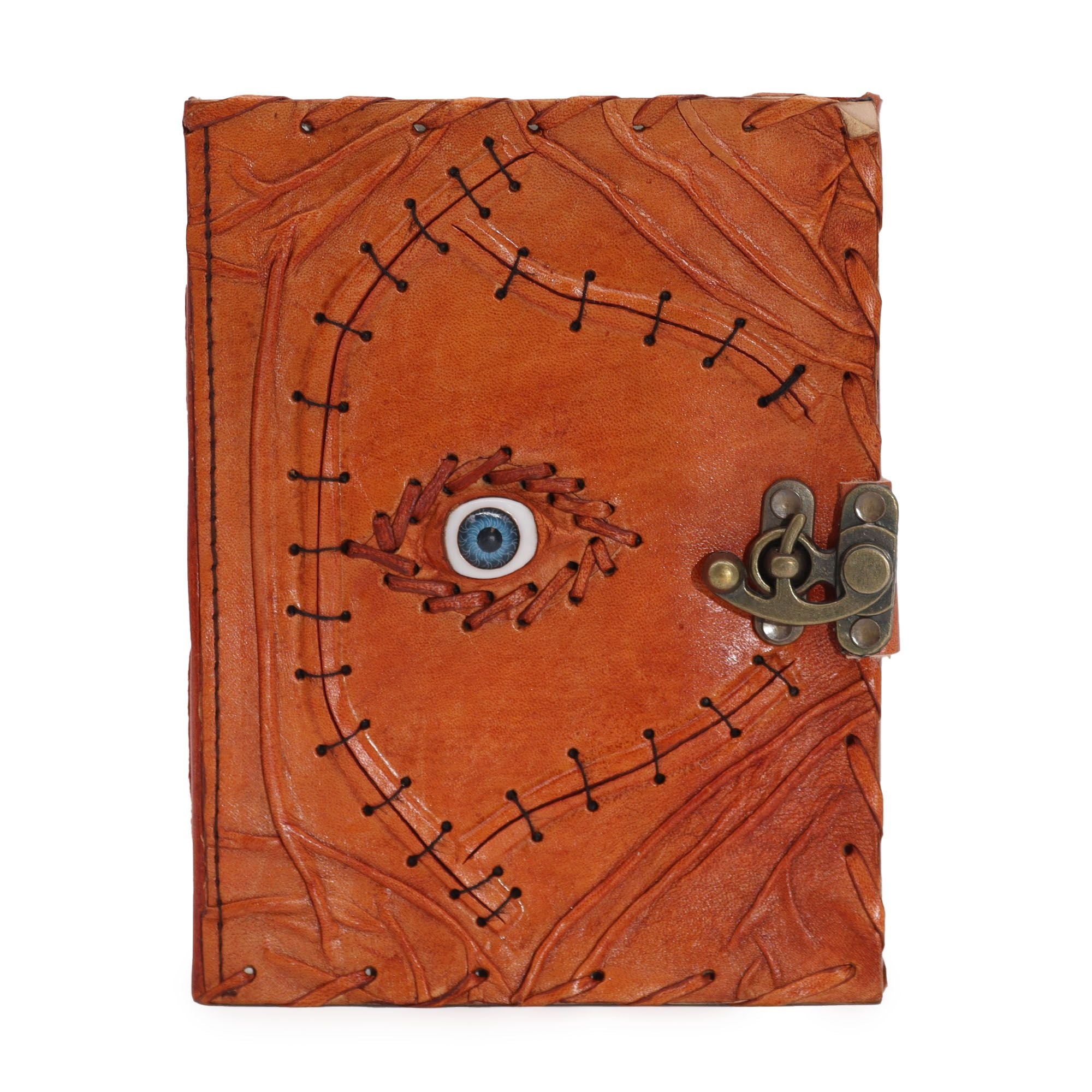 Light Brown Tan Leather Notebook with Evil Eye Decor and Pages