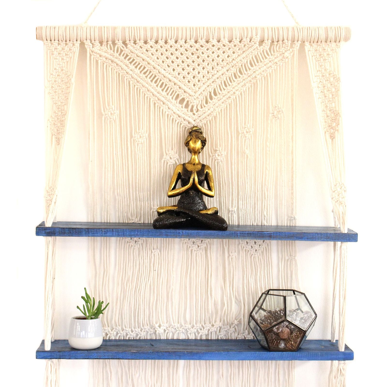 Natural Macrame Hanging Shelves in Blue for Stylish Home Display