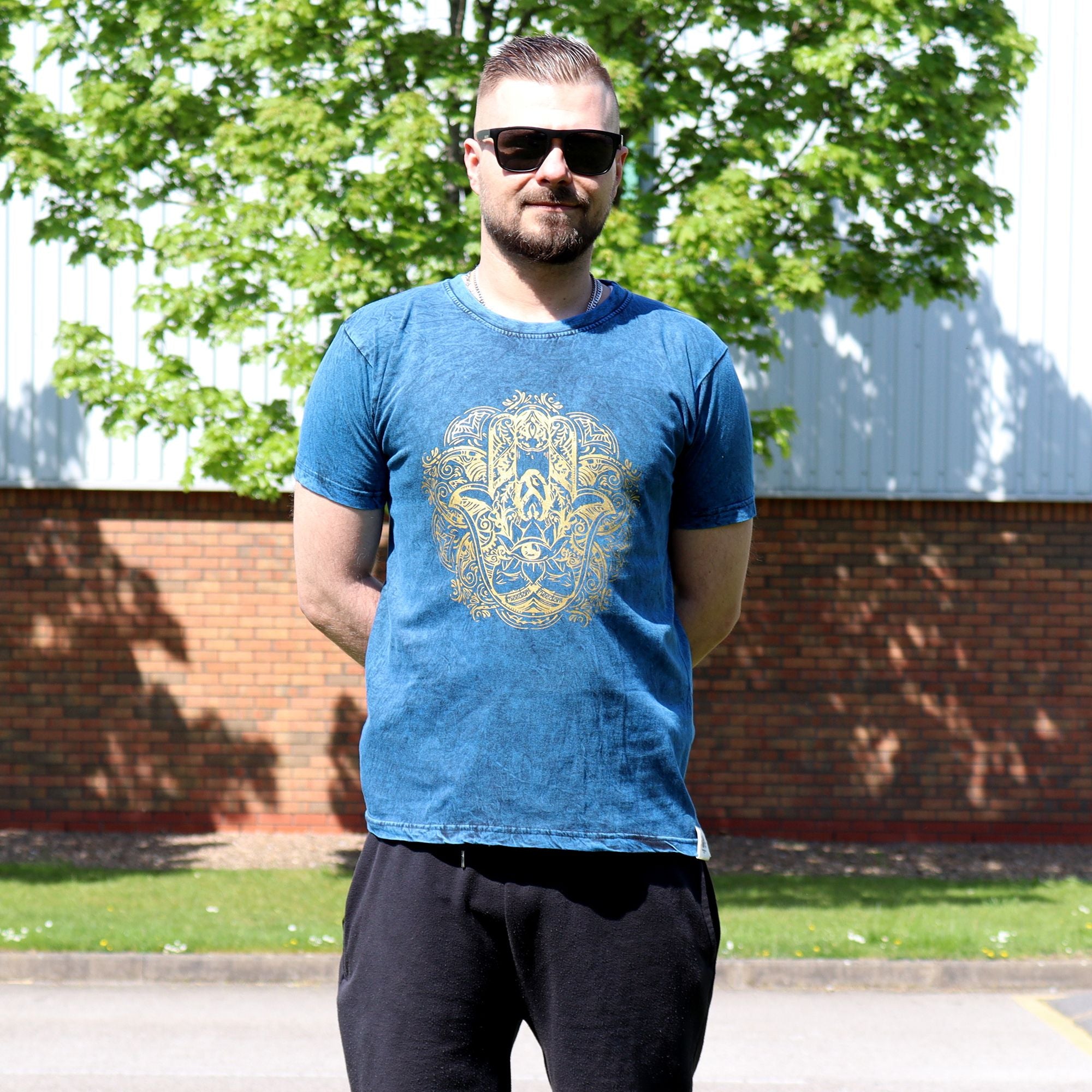 Nomad Sari Stonewashed Cotton T Shirt with Hamsa Design in Blue