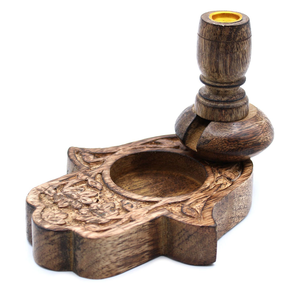 Small Mango Wood Backflow Burner Hamsa with Intricate Design Details