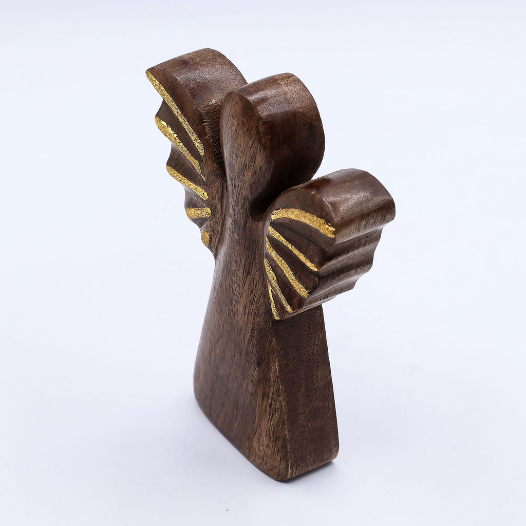 Medium Mango Wood Angel with Gold Decor for Home Display