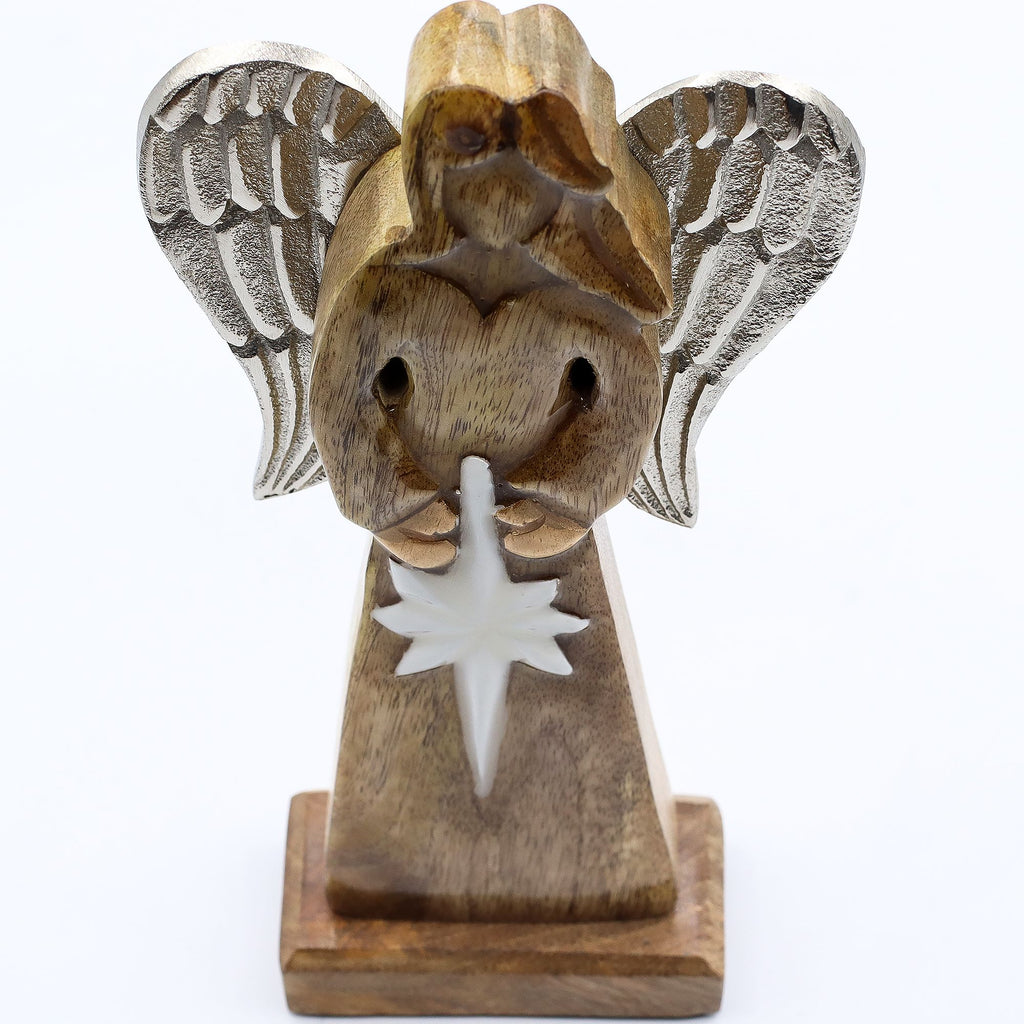 Large Mango Wood Peace Angel with Metal Wings and Enamel Detail