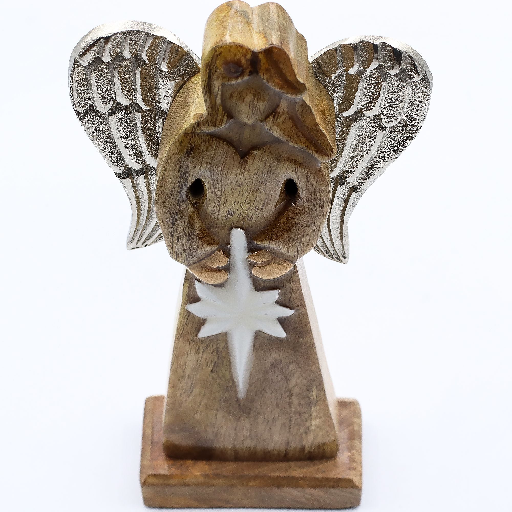 Large Mango Wood Peace Angel with Metal Wings and Enamel Detail