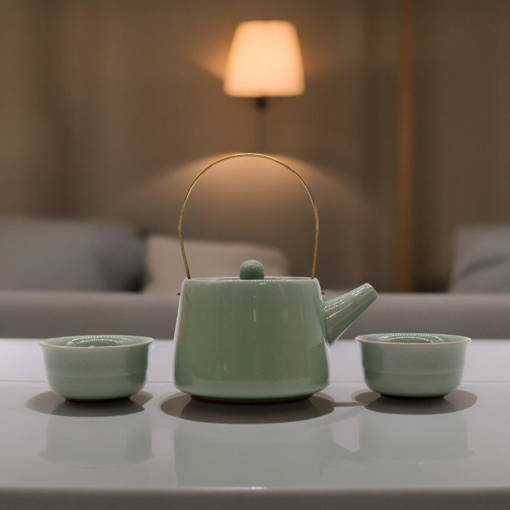 Herbal Jade Teapot Set with Elegant Design and Two Cups