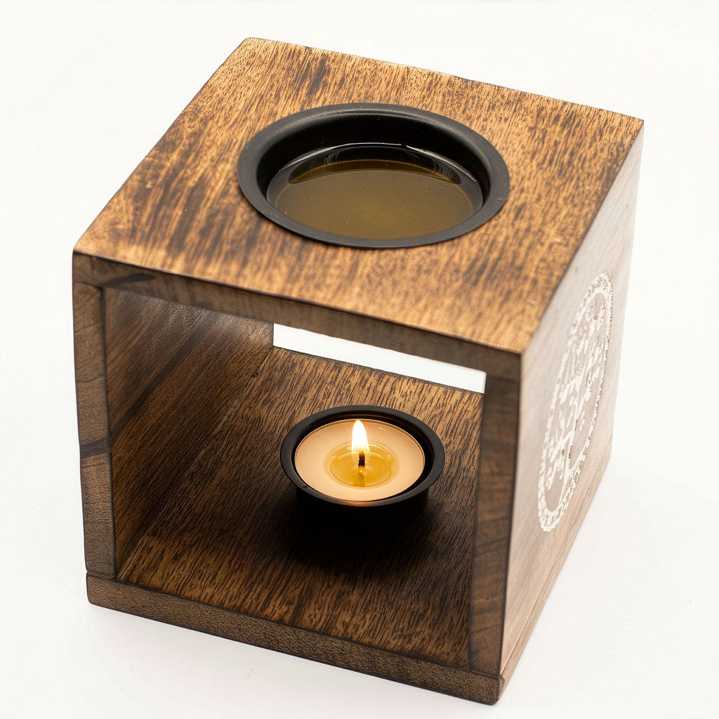 Large Square Mango Wood Oil Burner with Pentagon Design