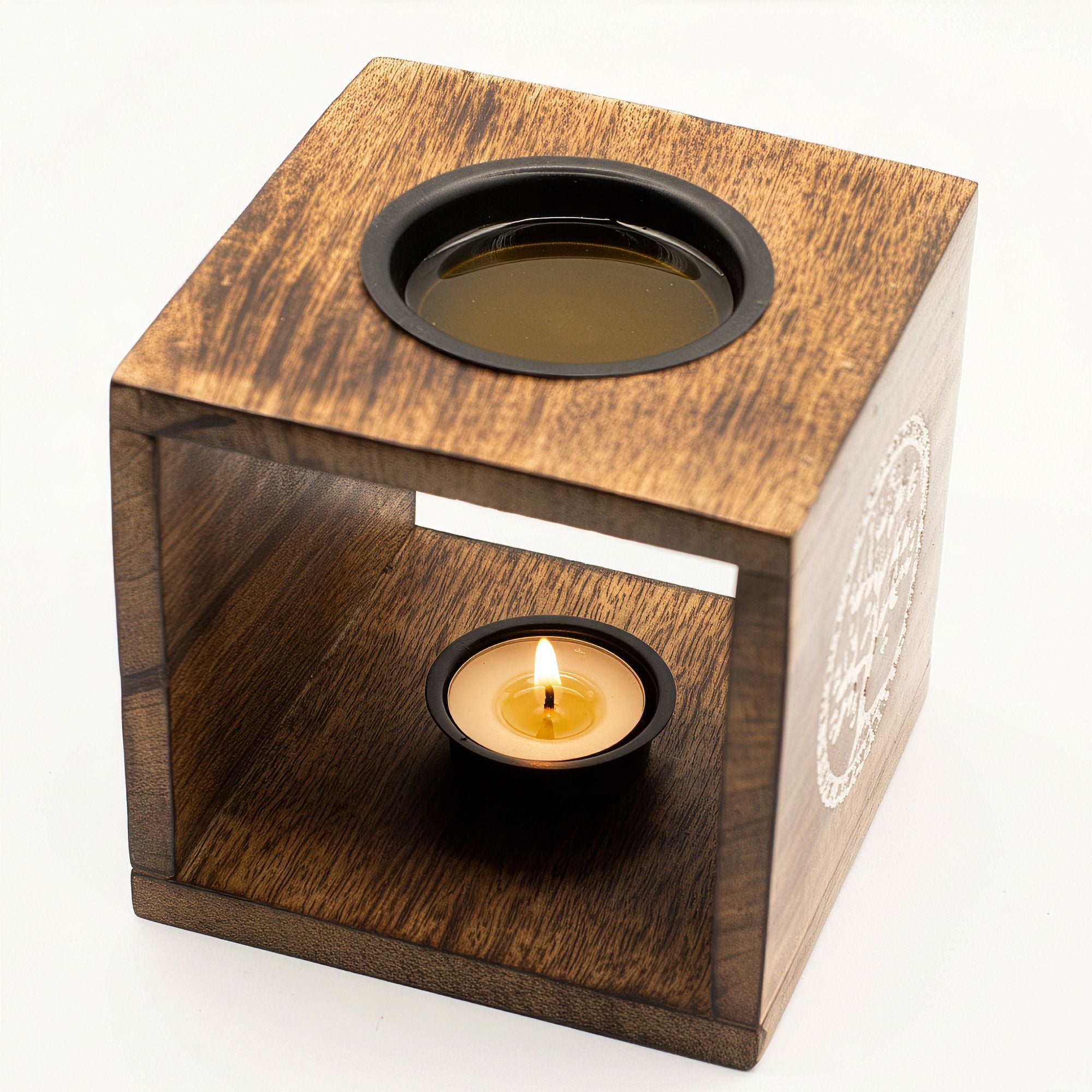 Large Square Mango Wood Oil Burner with Pentagon Design