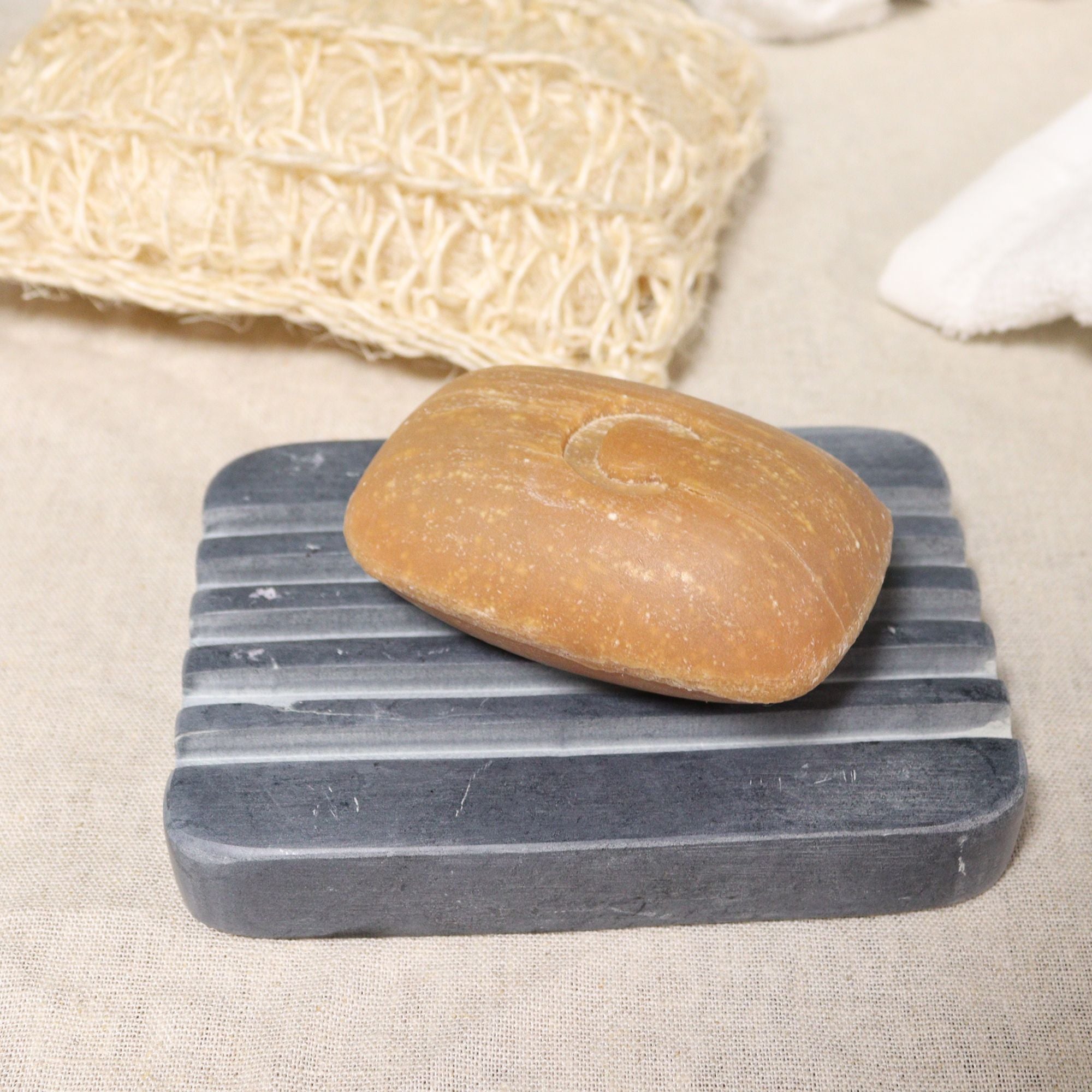 Grey Soapstone Soap Dish with Heavy Ridges for Practical Use