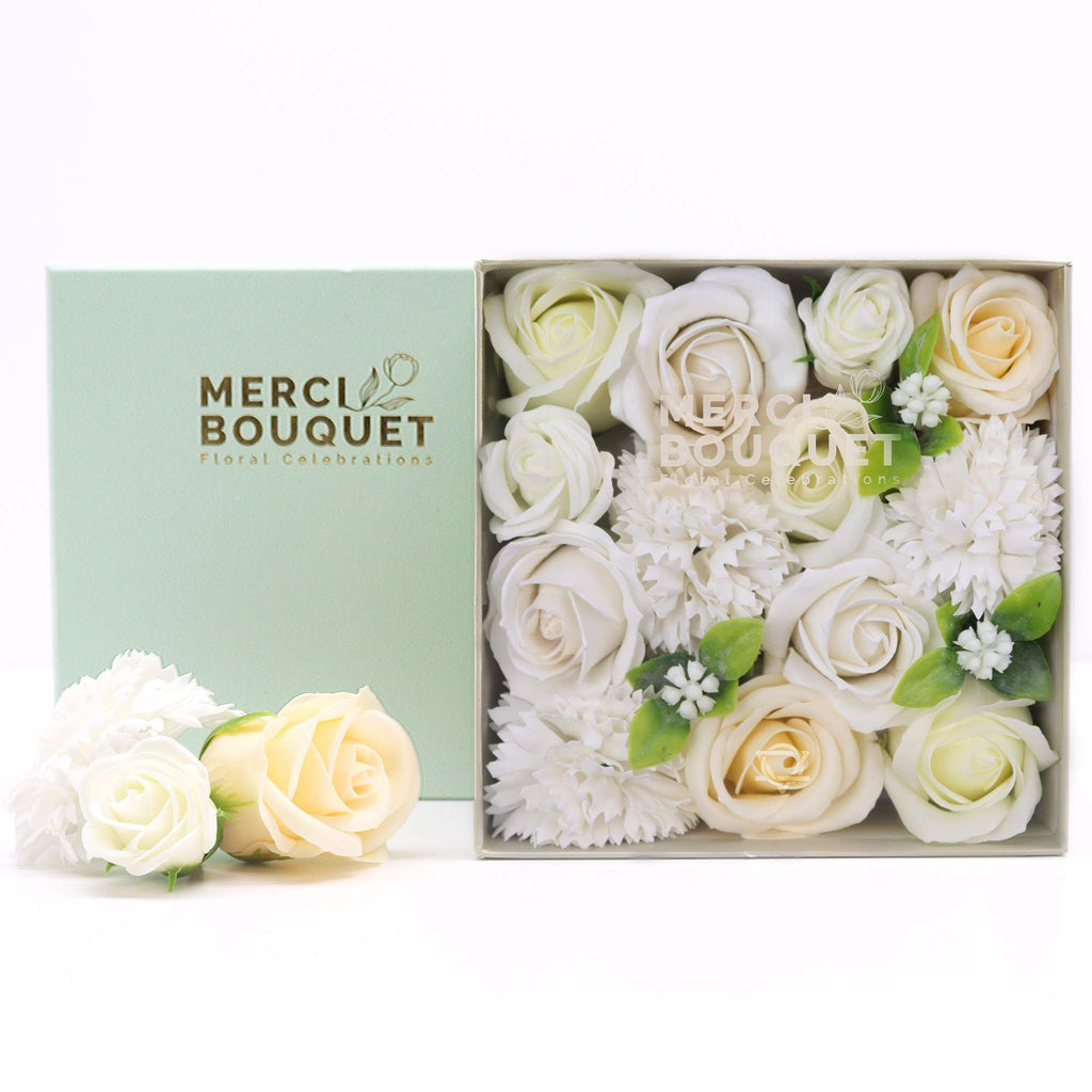 Square Box Wedding Blessings White and Ivory Soap Flower Gift Set