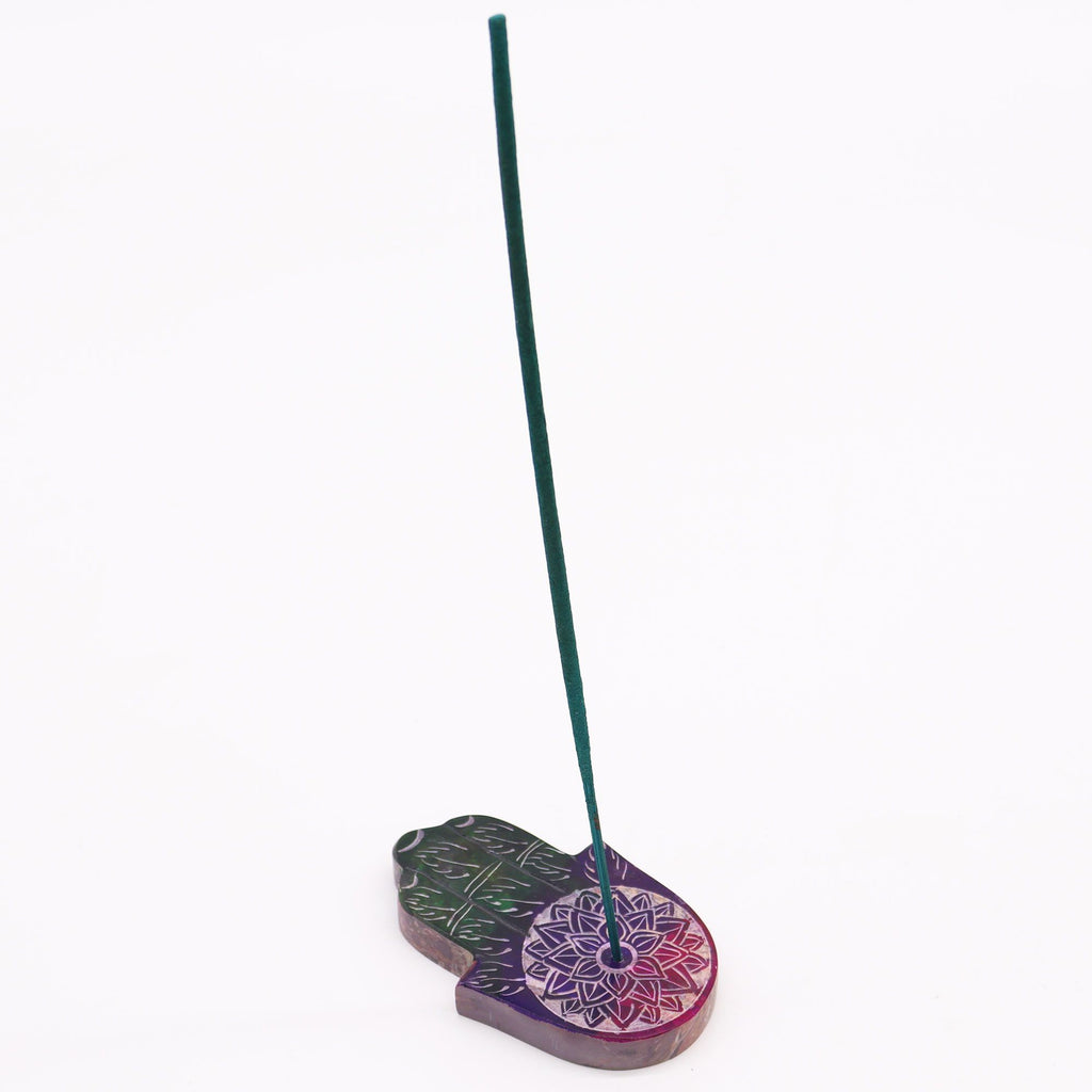 Soapstone Hamsa Incense Holder with Lotus Flower Design