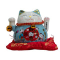 Ceramic Money Cat with Moving Hand Blue on Cushion for Good Luck