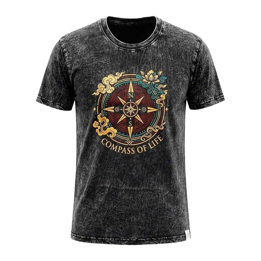 Nomad Sari Stonewashed Cotton T Shirt with Compass Design Charcoal