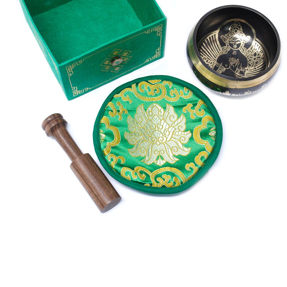 Green Tara Singing Bowl Set 10cm with Wooden Stick for Meditation