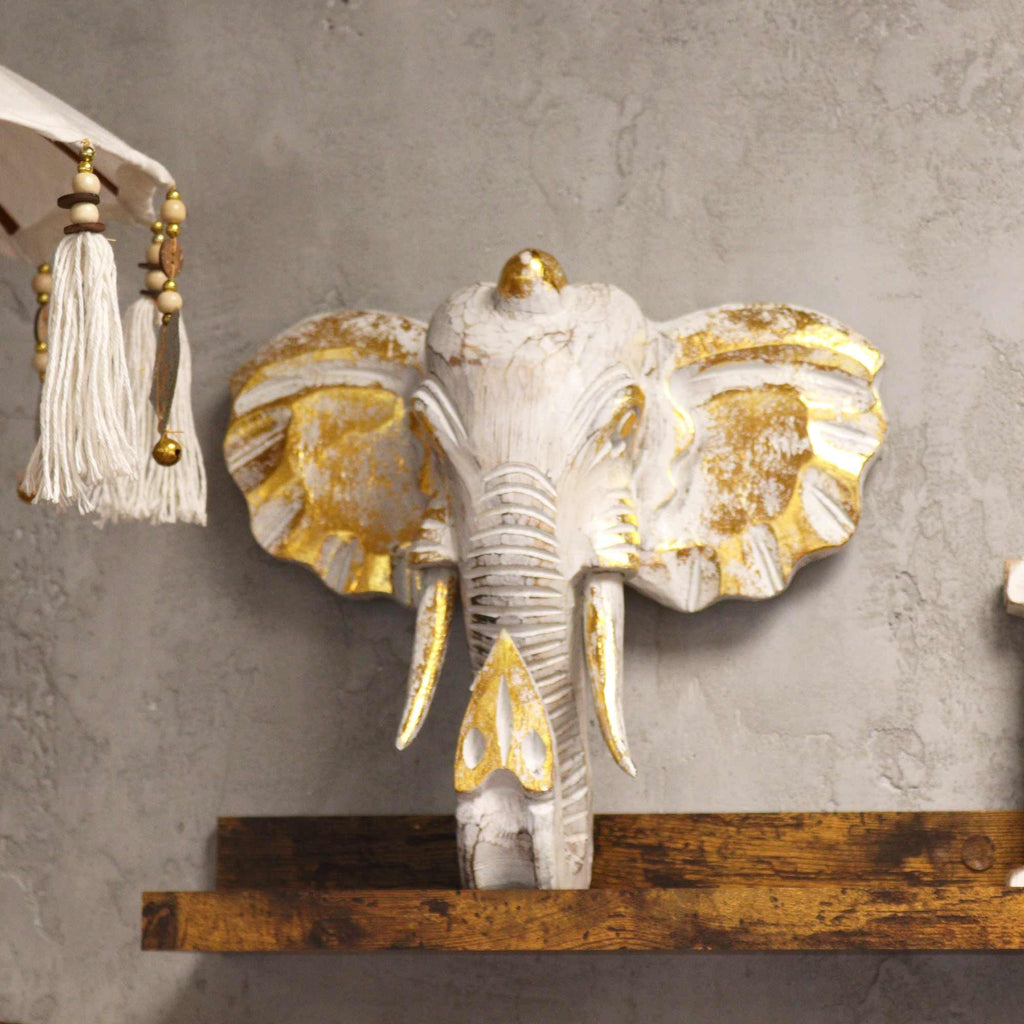 Large Gold and Whitewash Elephant Head Decorative Figure for Home