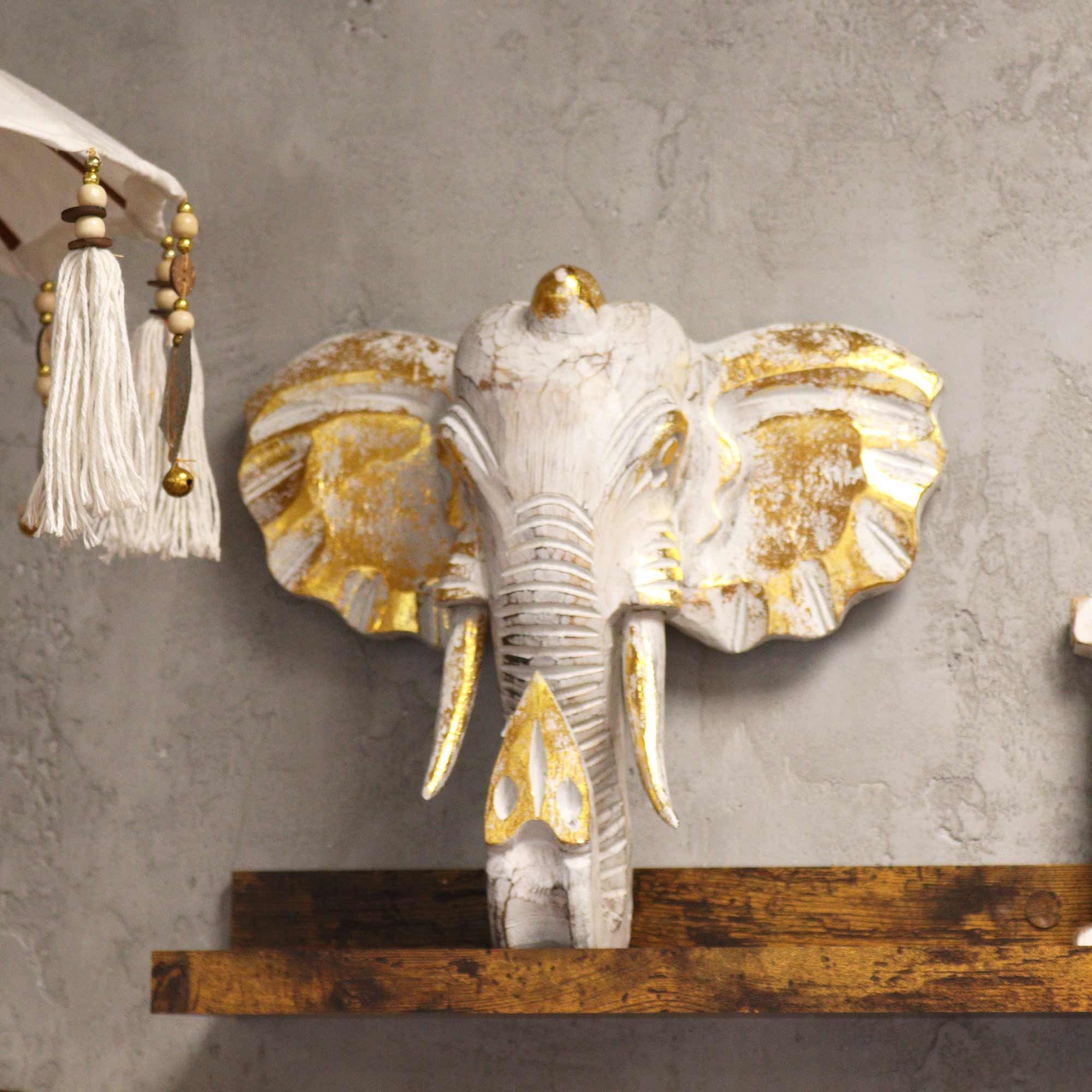 Large Gold and Whitewash Elephant Head Decorative Figure for Home