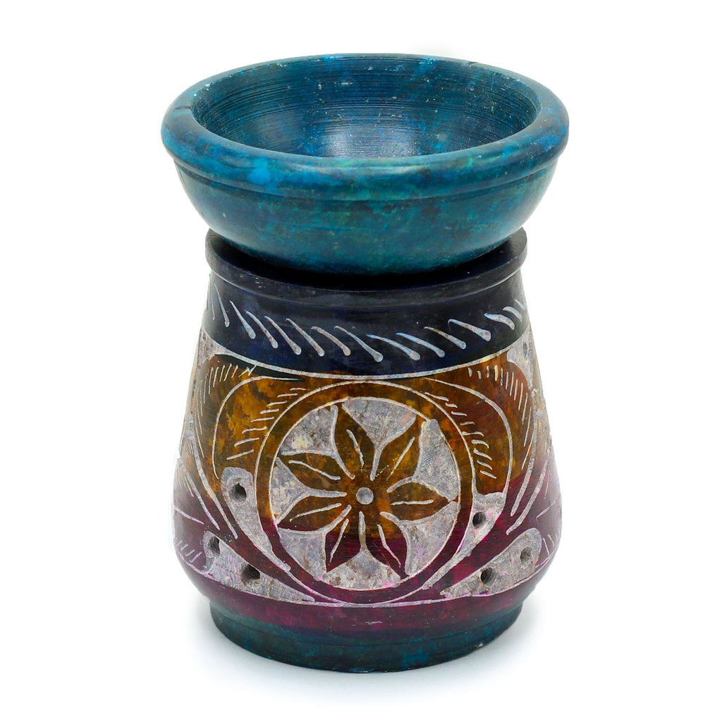Small Coloured Soapstone Oil Burner 8cm with Floral Design