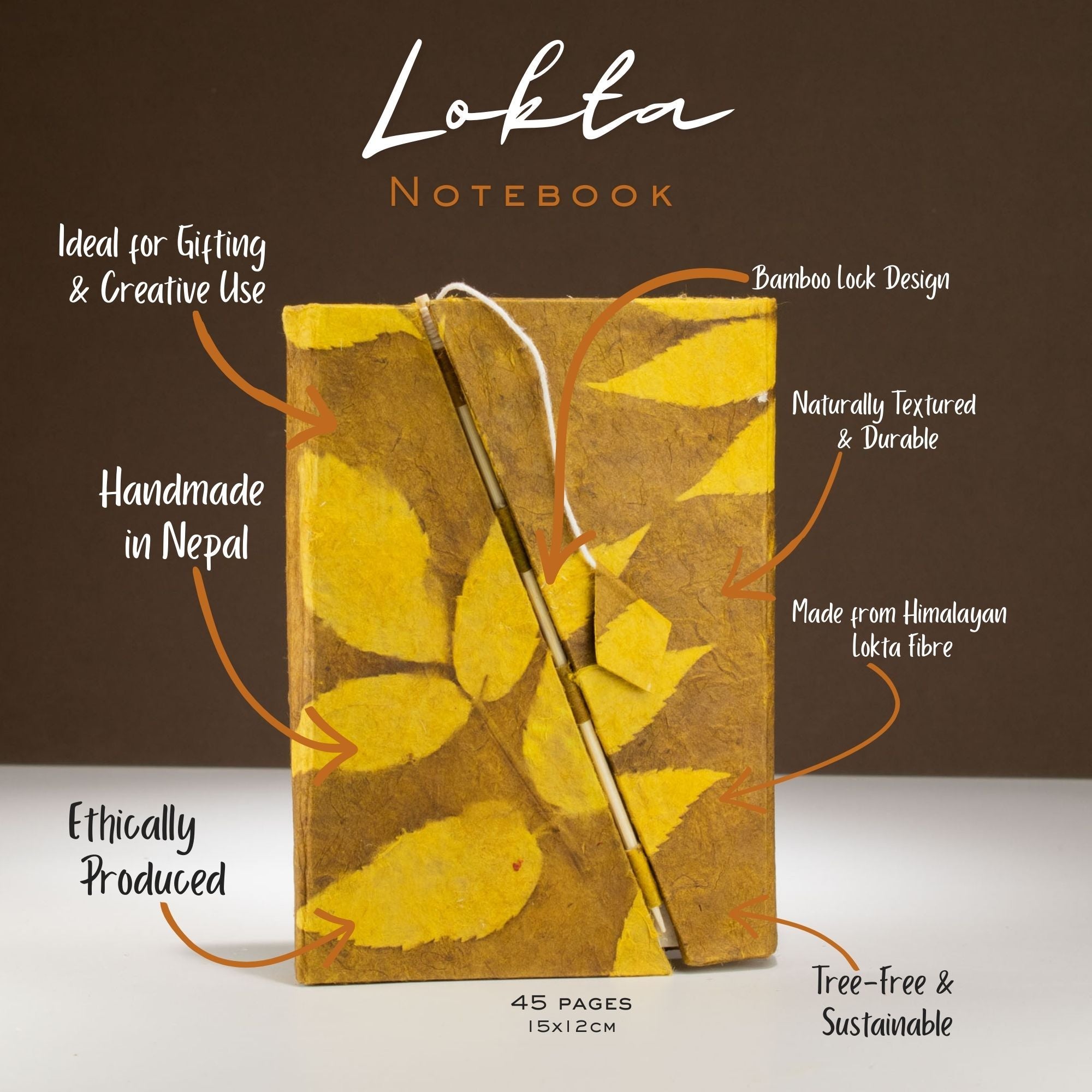 Lokta Bold Floral Bamboo Lock Notebook in Mustard Brown Design