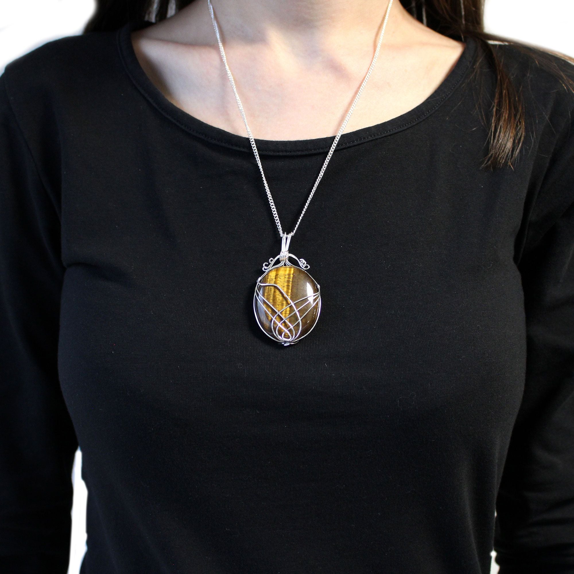 Swirl Wrapped Gemstone Necklace with Tiger Eye Design