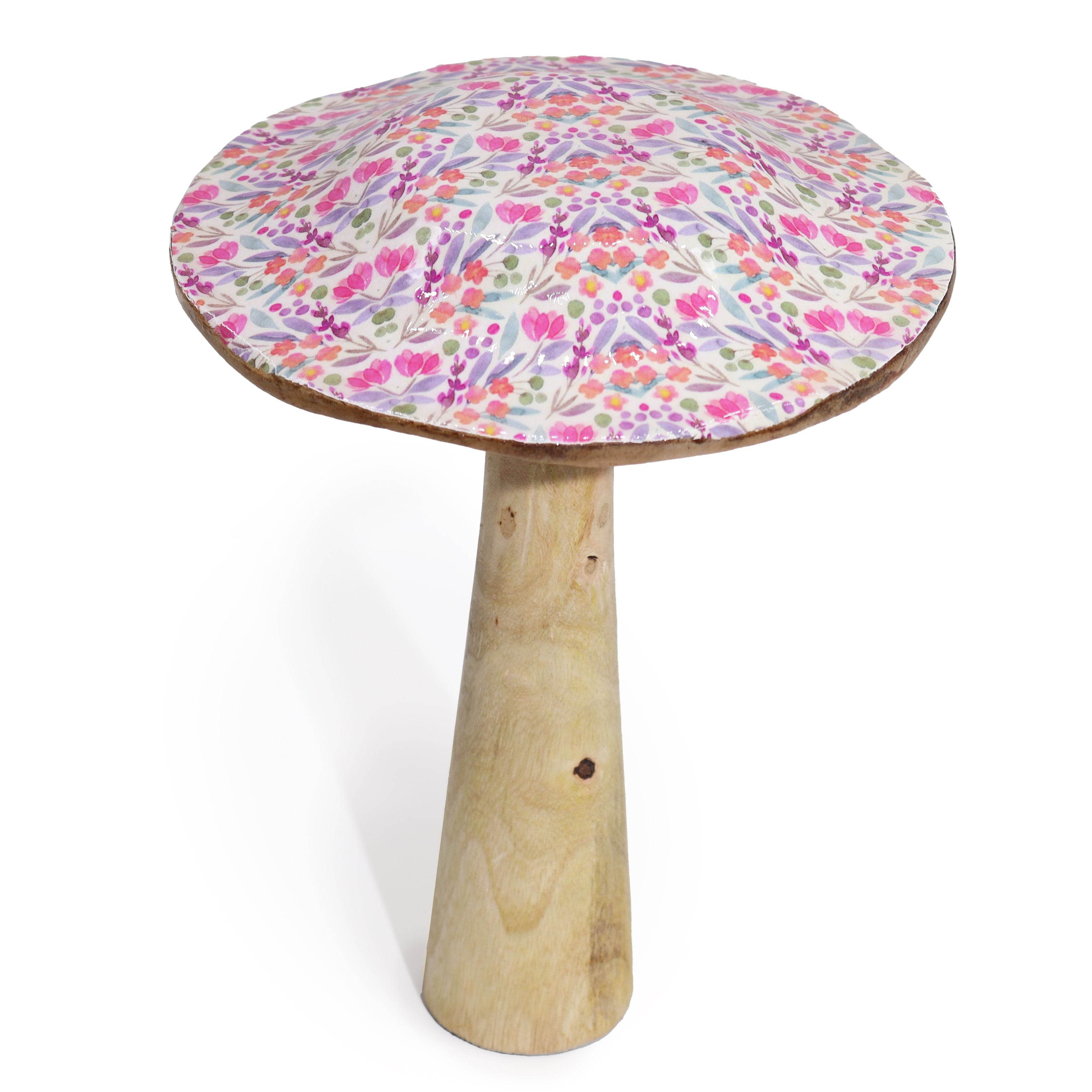 Large Wooden Mushroom Decorative Ornament with Floral Design