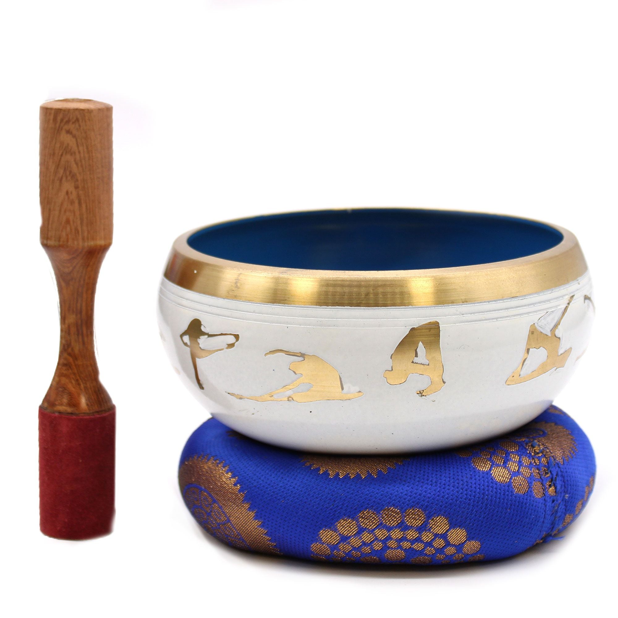 Large Yoga Moves Tibetan Singing Bowl Set in White and Blue 14cm