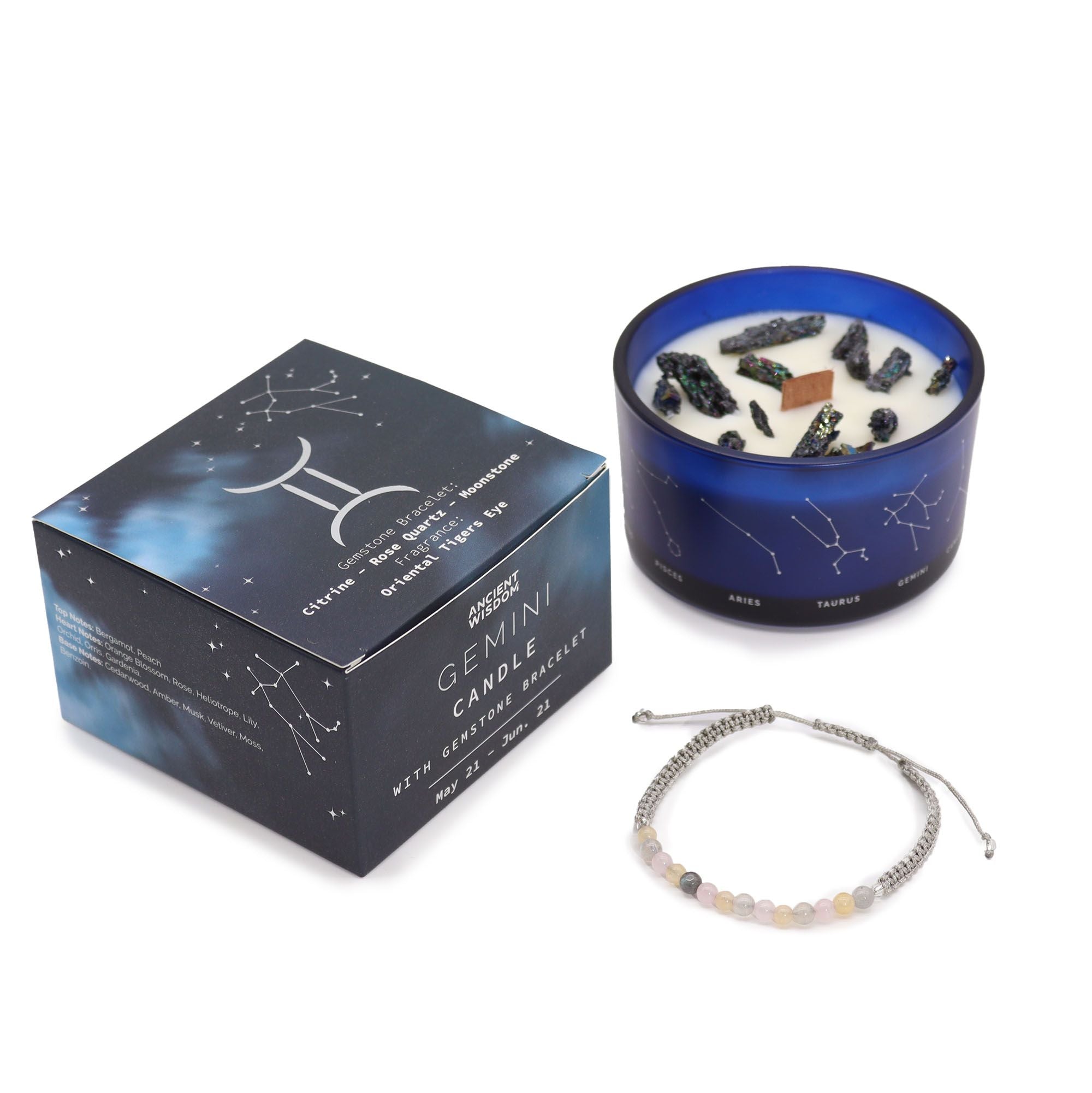 Zodiac Crystal Candle with Gemstone Bracelet for Gemini Energy
