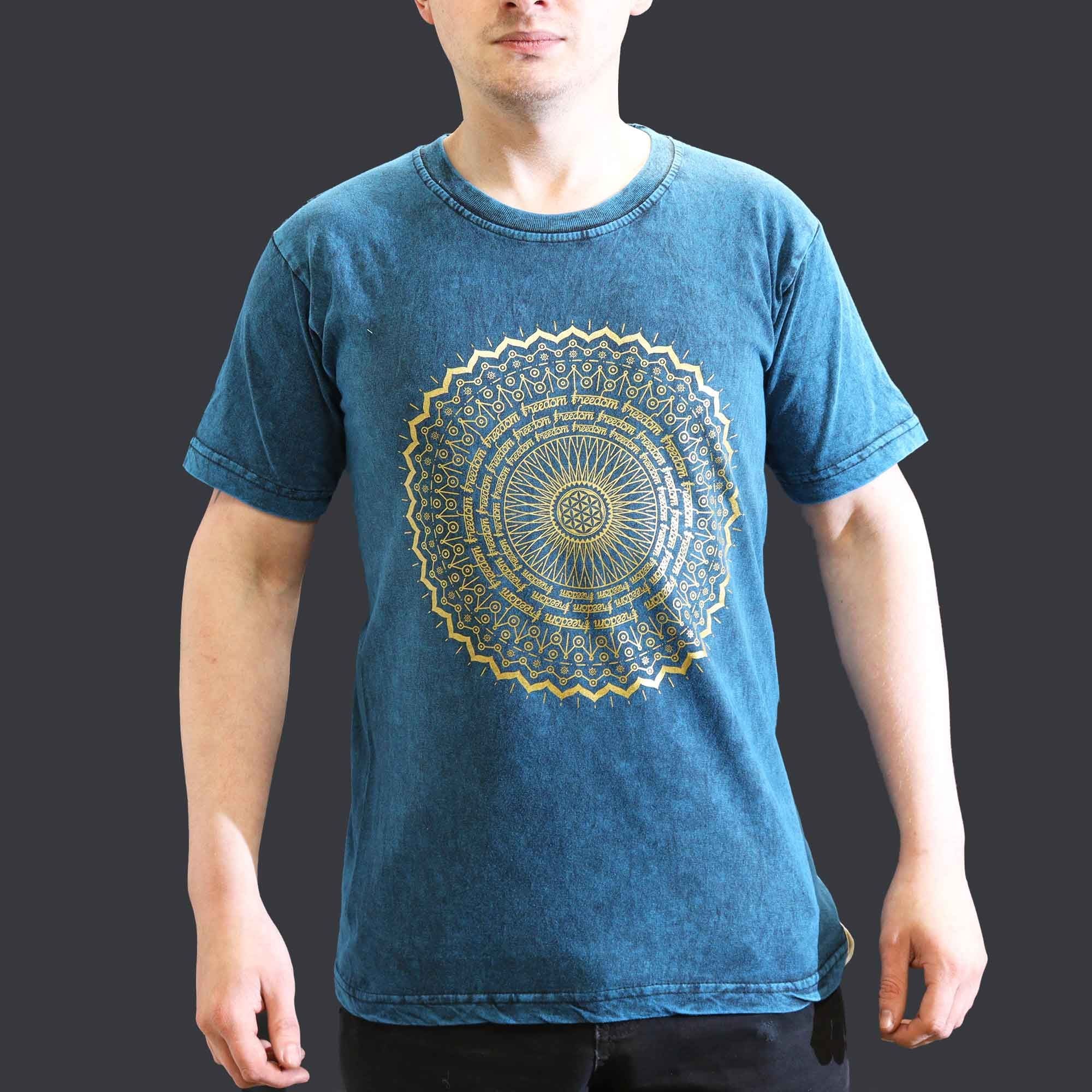 Nomad Sari Stonewashed Cotton T Shirt with Mandala Design Blue