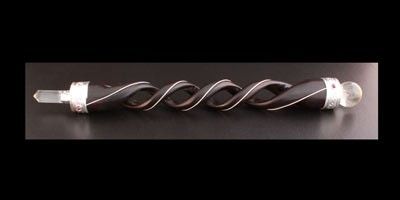 Wooden Healing Stick with Spiral Carving and Quartz Sphere Detail
