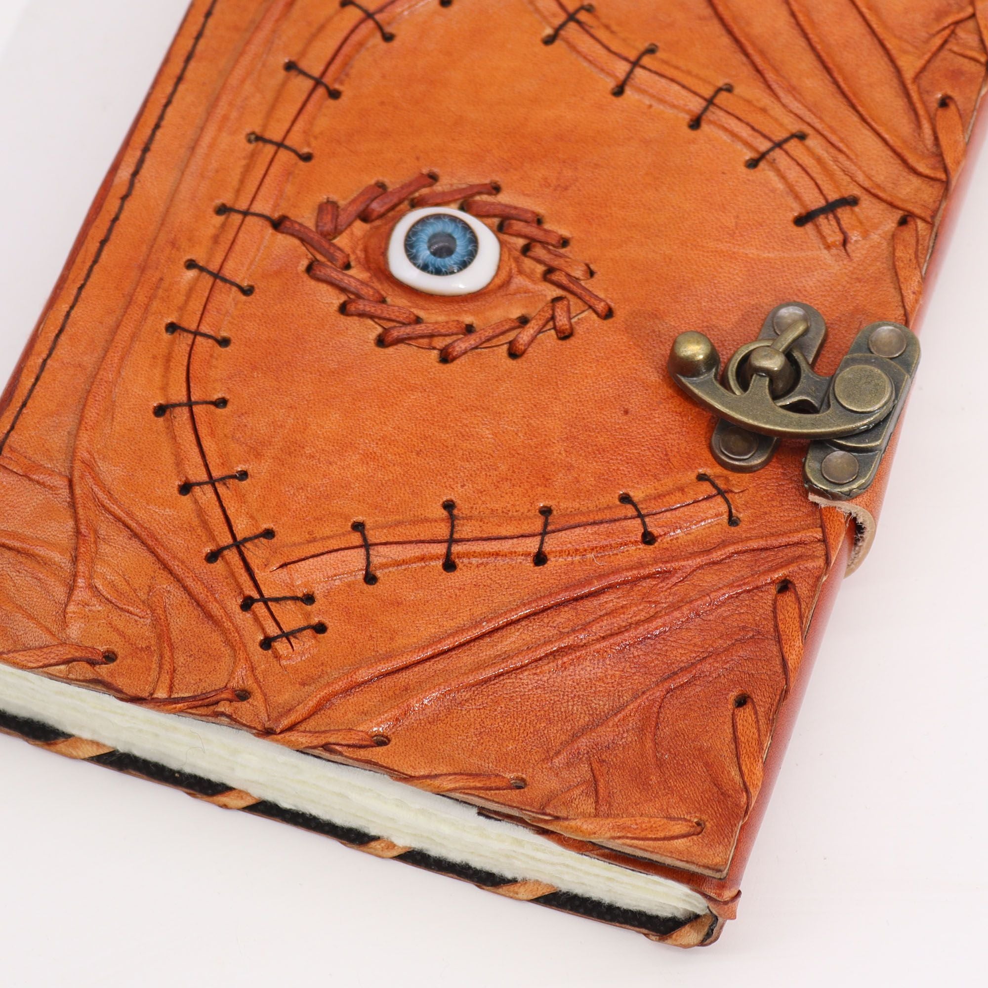 Light Brown Tan Leather Notebook with Evil Eye Decor and Pages